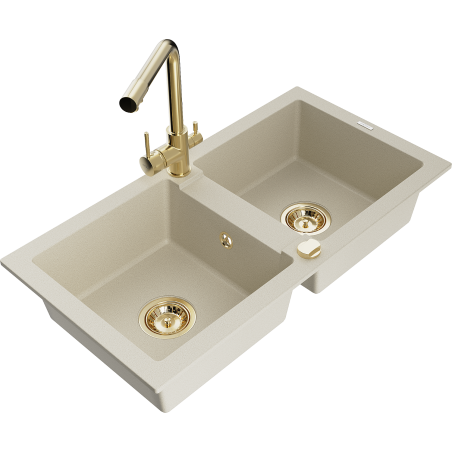 Mexen Mario Évier en granit 2 bacs avec robinet de cuisine Duero, beige - 6504-69-671600-50