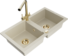 Mexen Mario fregadero de granito de 2 compartimentos con grifo de cocina Duero, beige - 6504-69-671600-50