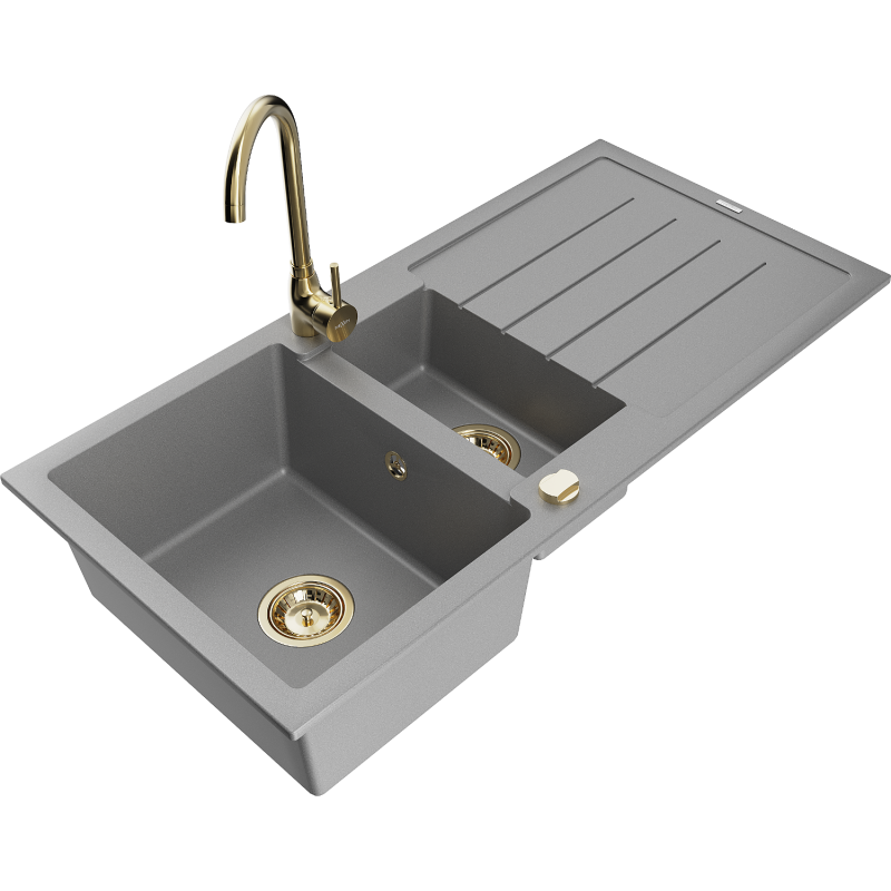 Mexen Andres lava-loiça de granito 1,5 bacias com escorredor e torneira de cozinha Telma, cinza - 6515-71-670200-50