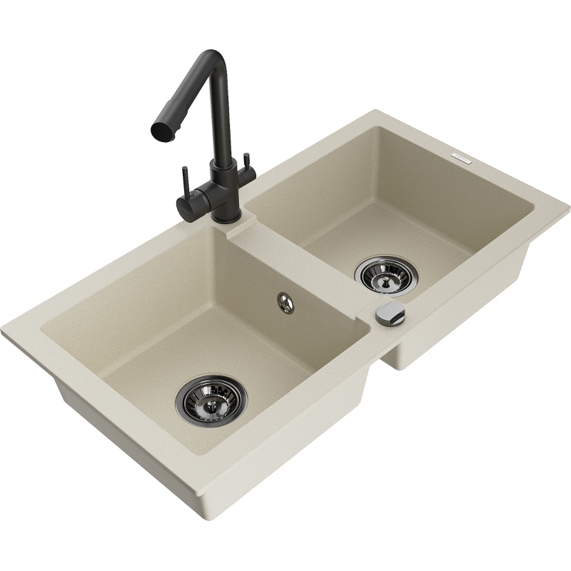 Mexen Mario fregadero de granito de 2 compartimentos con grifo de cocina Duero, beige - 6504-69-671600-70
