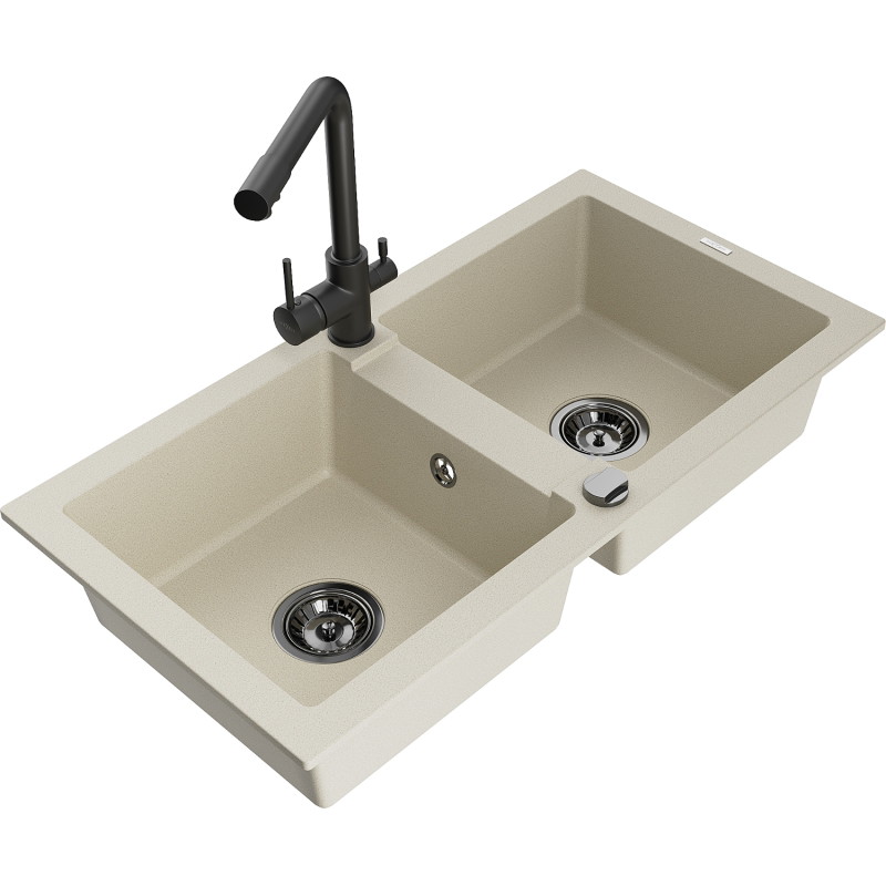 Mexen Mario fregadero de granito de 2 cubetas con grifo de cocina Duero, beige - 6504-69-671600-70