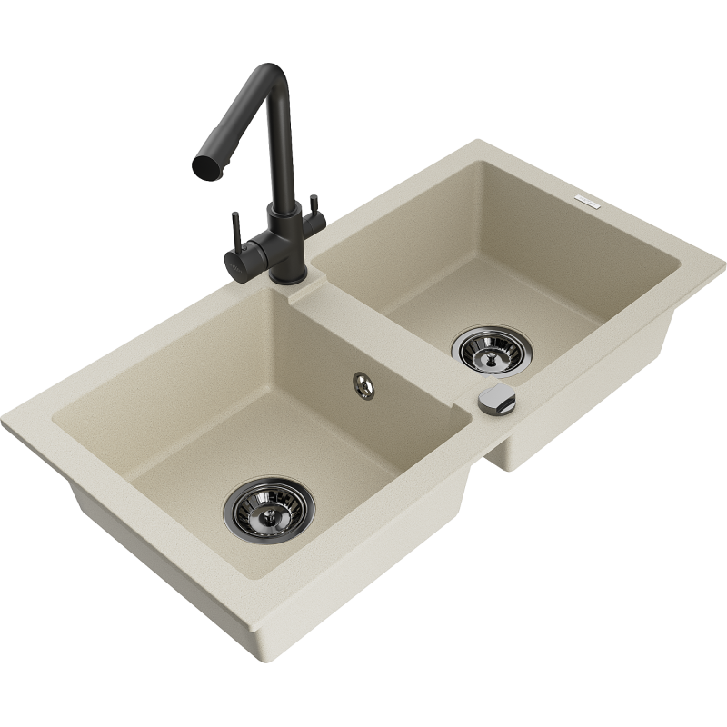 Mexen Mario granite kitchen sink 2-bowl with Duero kitchen tap, beige - 6504-69-671600-70