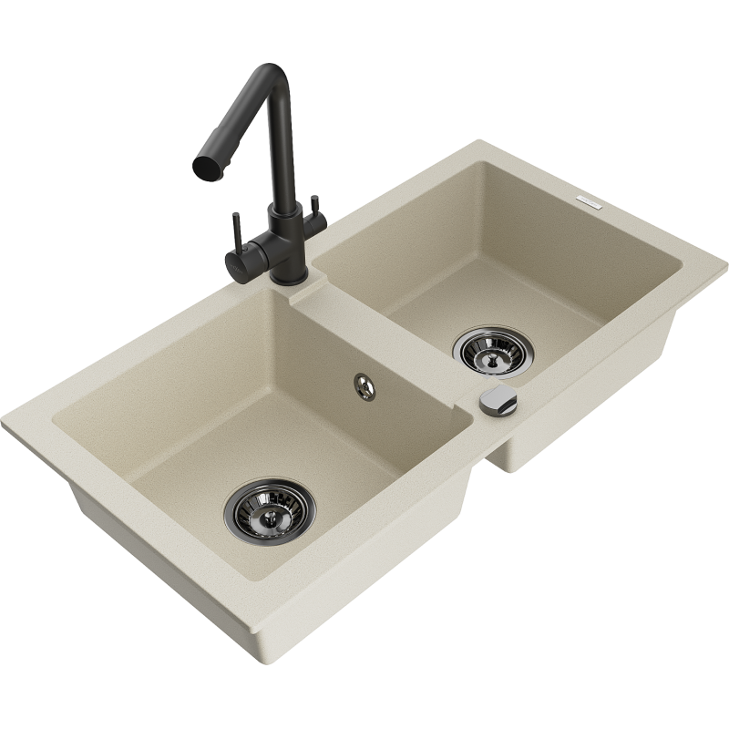 Mexen Mario lava-louça de granito de 2 cubas com torneira de cozinha Duero, bege - 6504-69-671600-70