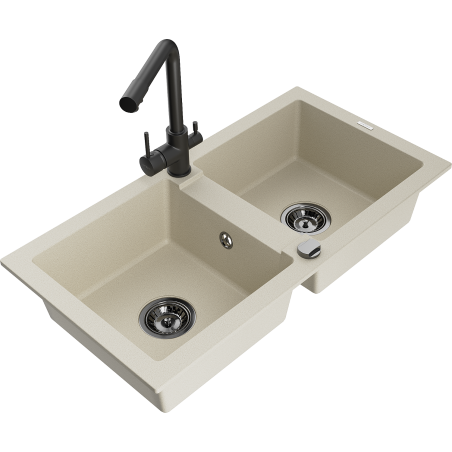 Mexen Mario évier en granit à 2 bacs avec robinet de cuisine Duero, beige - 6504-69-671600-70