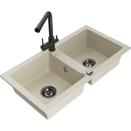 Mexen Mario granite kitchen sink 2-bowl with Duero kitchen tap, beige - 6504-69-671600-70