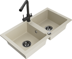 Mexen Mario fregadero de granito de 2 compartimentos con grifo de cocina Duero, beige - 6504-69-671600-70