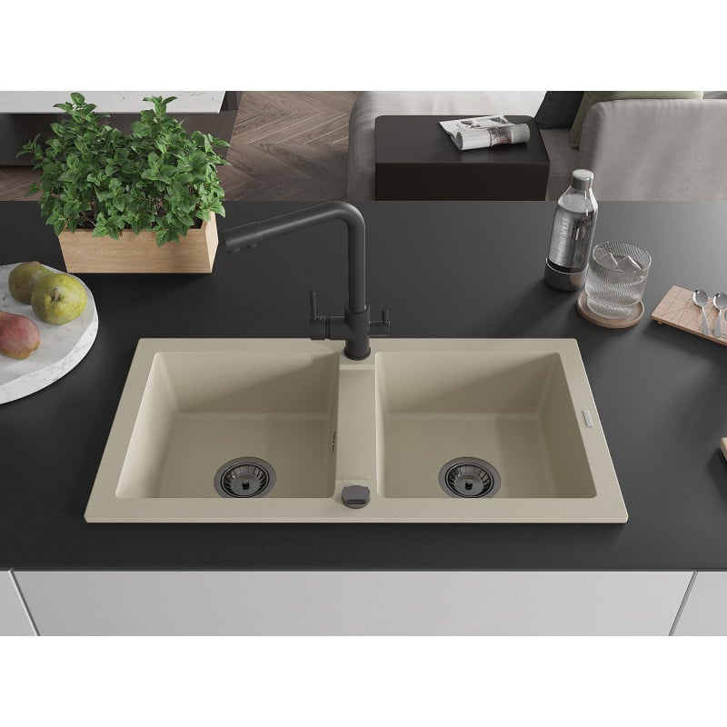 Mexen Mario fregadero de granito de 2 compartimentos con grifo de cocina Duero, beige - 6504-69-671600-70
