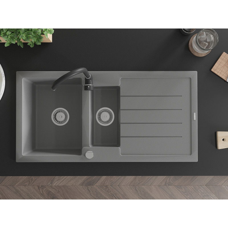 Mexen Andres granitno korito 1,5-prekatno z odcejalnikom in kuhinjsko armaturo Telma, sivo - 6515-71-670200-70