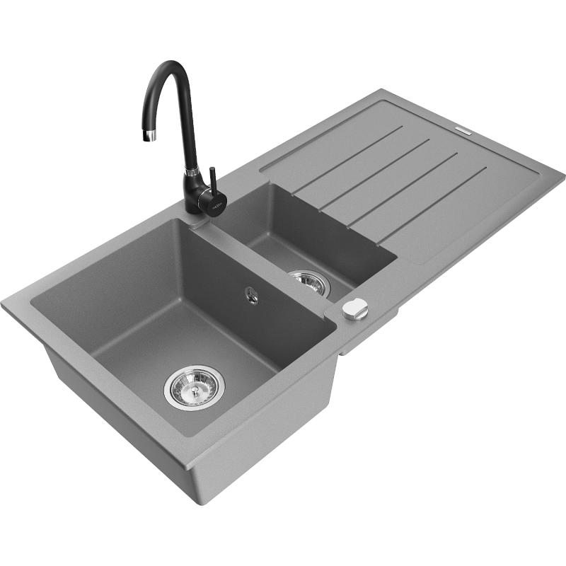 Mexen Andres fregadero de granito de 1,5 senos con escurridor y grifo de cocina Telma, gris - 6515-71-670200-70