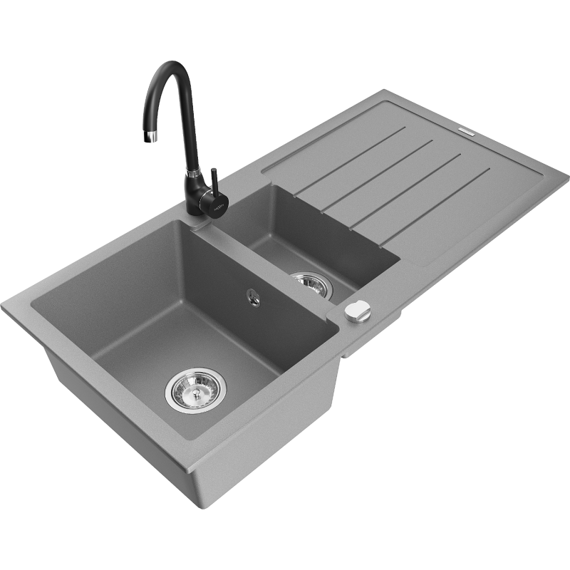 Mexen Andres lava-louça em granito 1,5 bacia com escorredor e torneira de cozinha Telma, cinza - 6515-71-670200-70