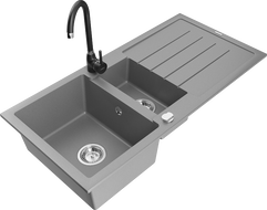 Mexen Andres 1.5-bowl granite sink with drainer and Telma kitchen faucet, gray - 6515-71-670200-70