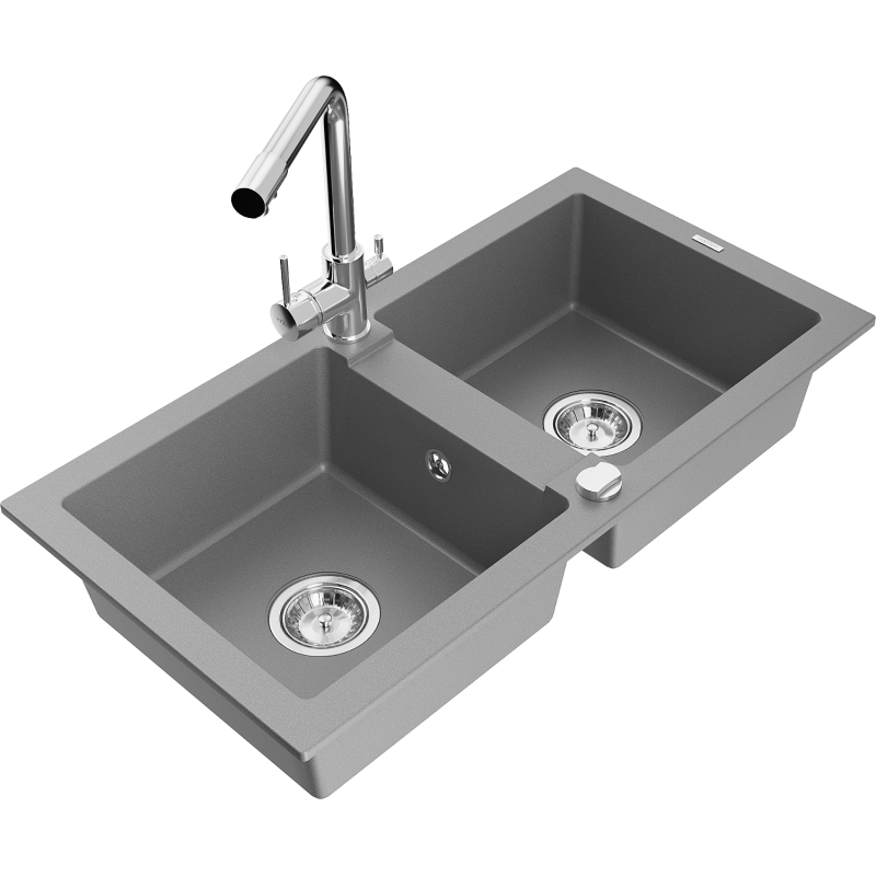 Mexen Mario granite sink 2-chamber with Duero kitchen faucet, grey - 6504-71-671600-00
