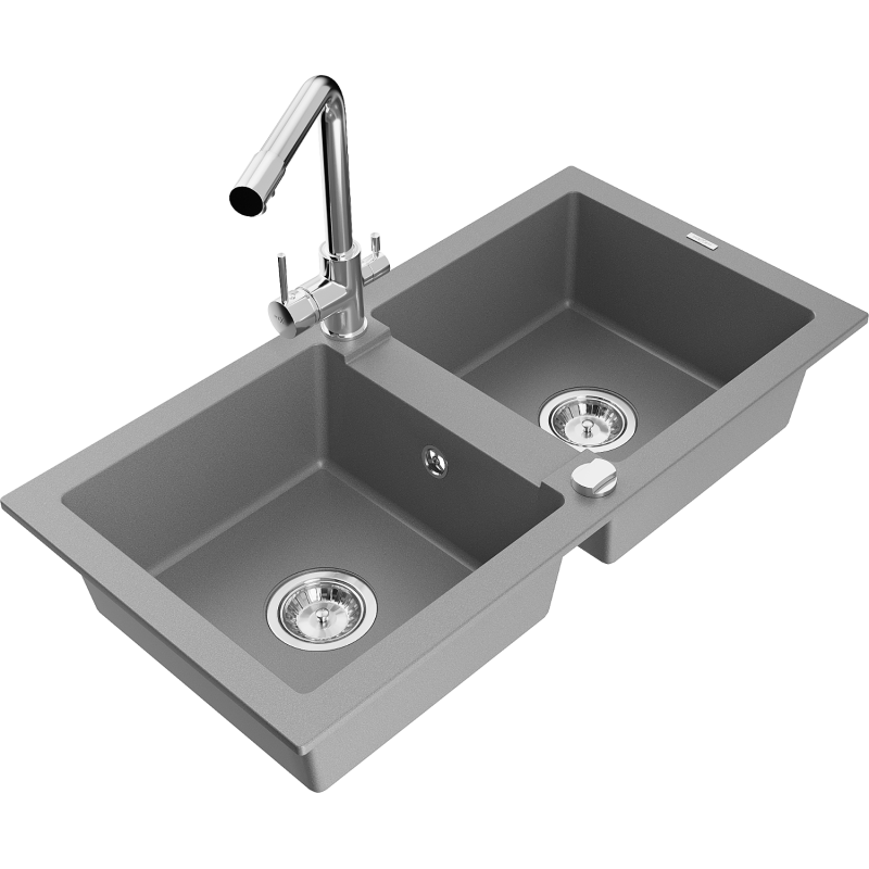 Mexen Mario lavello da cucina in granito a 2 vasche con rubinetto cucina Duero, grigio - 6504-71-671600-00