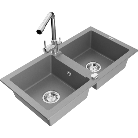 Mexen Mario évier en granit 2 bacs avec robinet de cuisine Duero, gris - 6504-71-671600-00