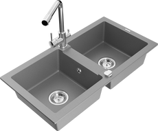 Mexen Mario granite sink 2-chamber with Duero kitchen faucet, grey - 6504-71-671600-00