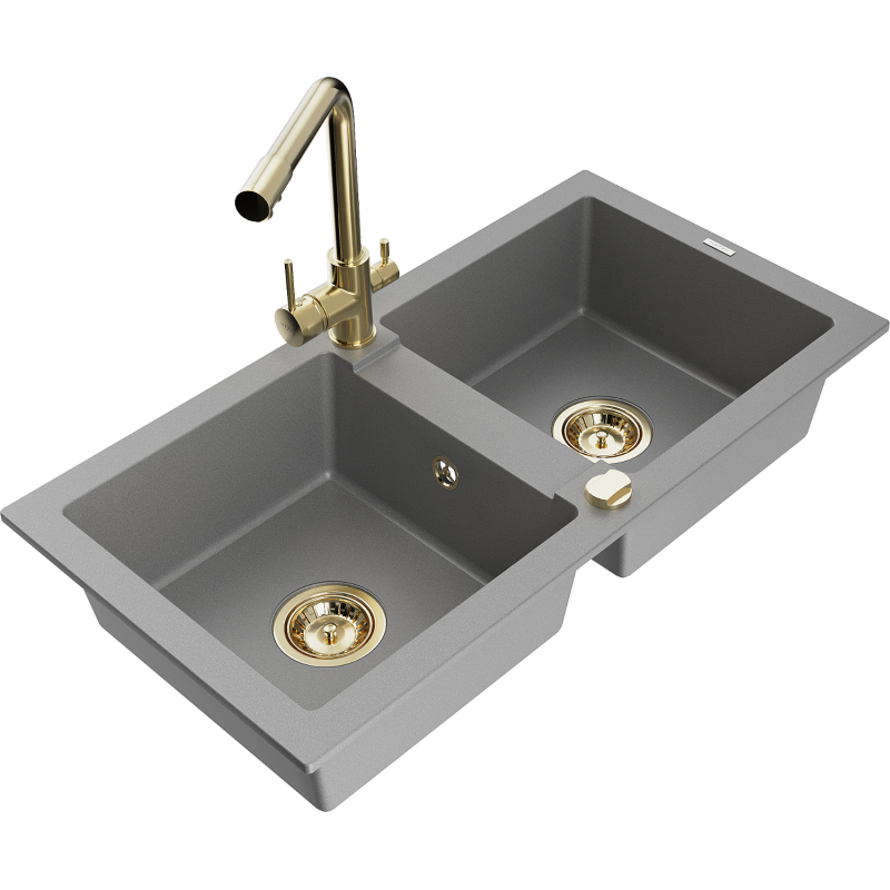 Mexen Mario 2-bowl granite kitchen sink with Duero tap, grey - 6504-71-671600-50