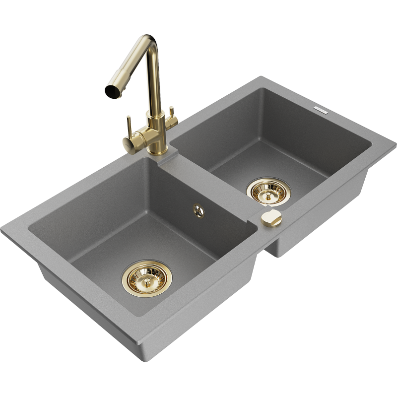 Mexen Mario granieten spoelbak met 2 kamers met keukenmengkraan Duero, grijs - 6504-71-671600-50