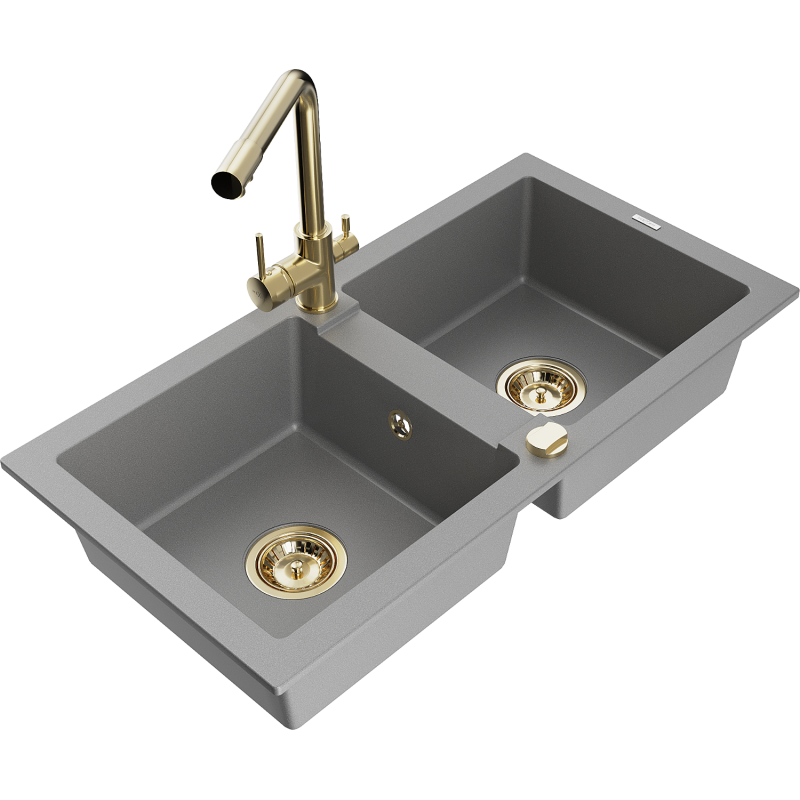 Mexen Mario lavello in granito a 2 vasche con rubinetto da cucina Duero, grigio - 6504-71-671600-50