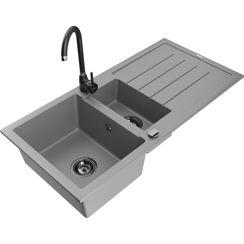 Mexen Andres fregadero de granito 1,5 senos con escurridor y grifo de cocina Telma, gris - 6515-71-670200-70-B
