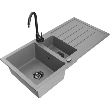 Mexen Andres fregadero de granito 1,5 senos con escurridor y grifo de cocina Telma, gris - 6515-71-670200-70-B