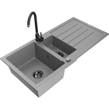 Mexen Andres granite kitchen sink 1.5-bowl with drainer and kitchen faucet Telma, gray - 6515-71-670200-70-B