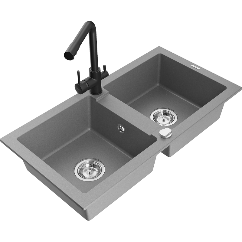 Mexen Mario fregadero de granito de 2 compartimentos con grifo de cocina Duero, gris - 6504-71-671600-70