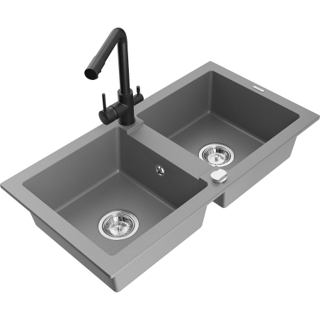 Mexen Mario lava-louça de granito de 2 cubas com torneira de cozinha Duero, cinzento - 6504-71-671600-70