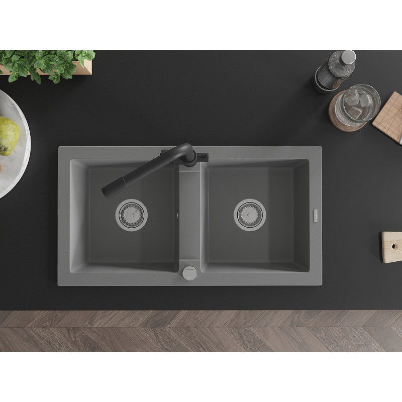 Mexen Mario granite sink 2-bowl with Duero kitchen tap, grey - 6504-71-671600-70