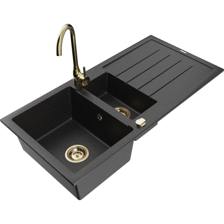 Mexen Andres fregadero de granito 1,5 senos con escurridor y grifo de cocina Telma, negro/plata - 6515-73-670200-50