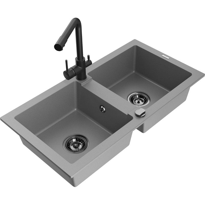 Mexen Mario fregadero de granito de 2 senos con grifo de cocina Duero, gris - 6504-71-671600-70-B