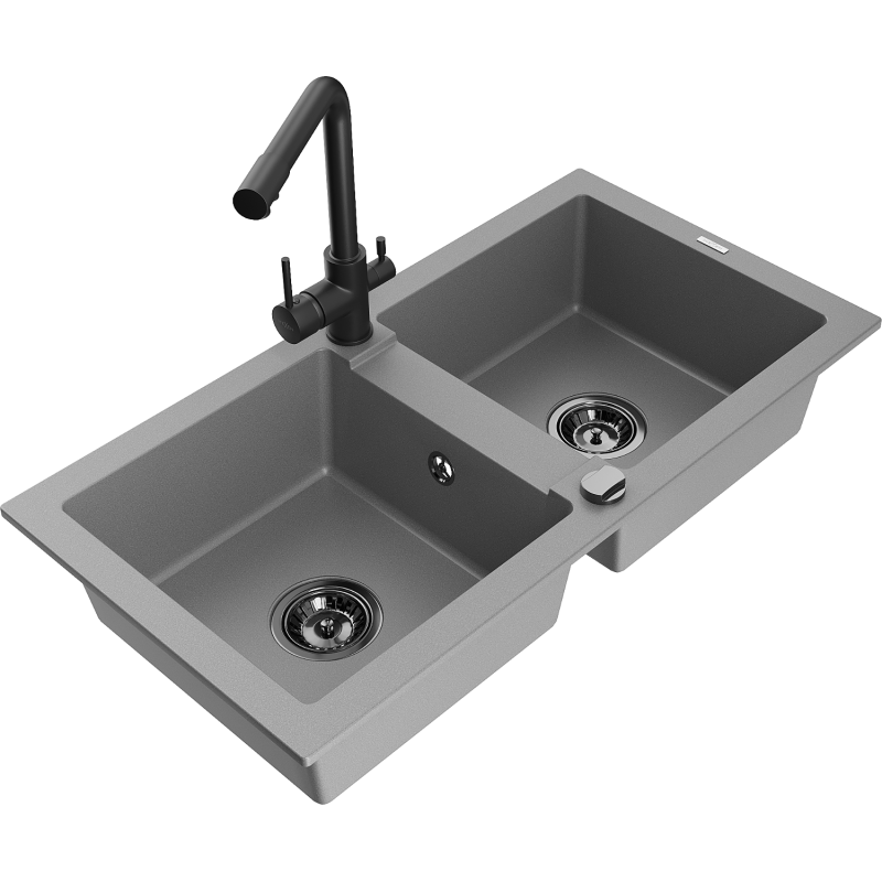 Mexen Mario lava-louça de granito de 2 cubas com torneira de cozinha Duero, cinza - 6504-71-671600-70-B