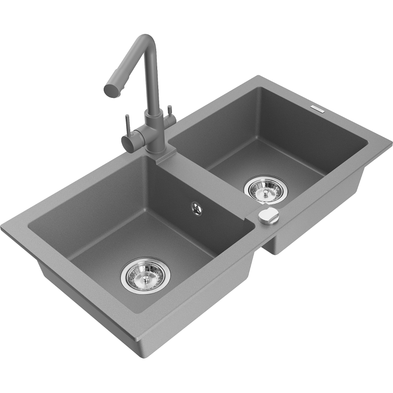 Mexen Mario fregadero de granito de 2 compartimentos con grifo de cocina Duero, gris - 6504-71-671600-71