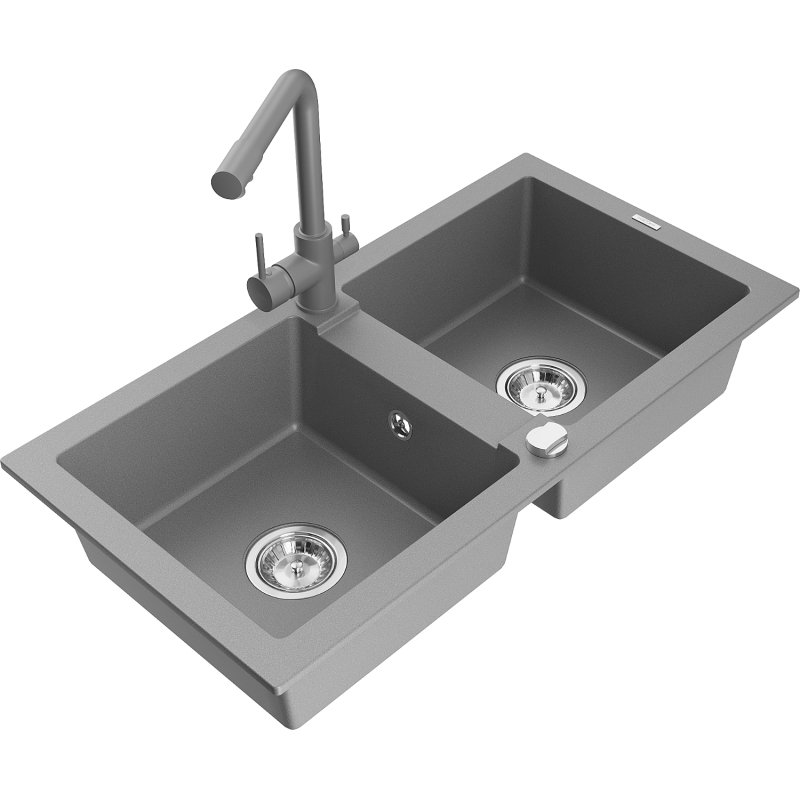 Mexen Mario granit diskbänk med två fack och kökskran Duero, grå - 6504-71-671600-71