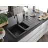 Mexen Andres granieten gootsteen 1,5-kamer met afdruiprek en keukenkraan Telma, zwart/zilver - 6515-73-670200-70-B