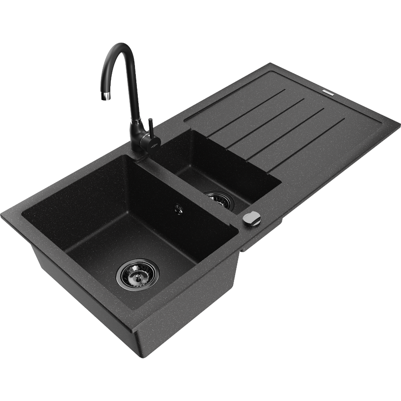 Mexen Andres fregadero de granito de 1,5 senos con escurridor y grifo de cocina Telma, negro/plata - 6515-73-670200-70-B