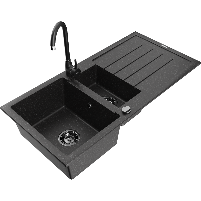 Mexen Andres Granitspüle 1,5-Becken mit Abtropffläche und Küchenarmatur Telma, schwarz/silber - 6515-73-670200-70-B