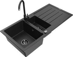 Mexen Andres granite sink 1.5-bowl with drainer and Telma kitchen mixer tap, black/silver - 6515-73-670200-70-B