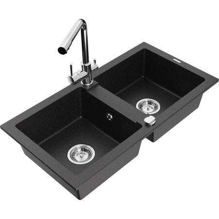 Mexen Mario granitspüle 2-fach mit Küchenarmatur Duero, schwarz/silber metallic - 6504-73-671600-00