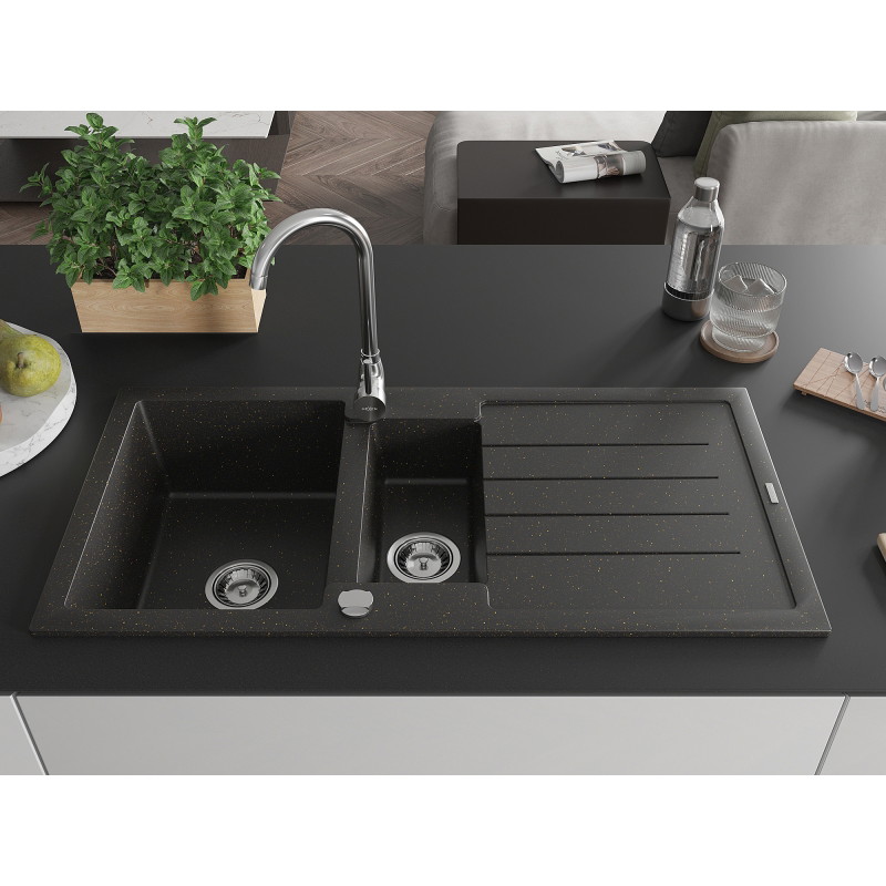 Mexen Andres fregadero de granito de 1,5 tazones con escurridor y grifo de cocina Telma, negro/oro - 6515-75-670200-00
