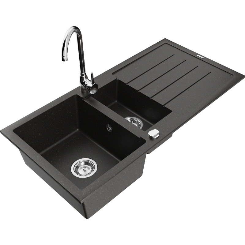 Mexen Andres fregadero de granito de 1,5 senos con escurridor y grifo de cocina Telma, negro/dorado - 6515-75-670200-00