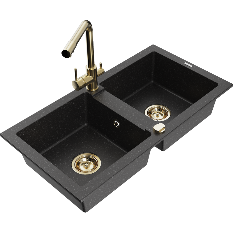 Mexen Mario Granit-Spülbecken 2-Kammer mit Küchenarmatur Duero, schwarz/silber metallic - 6504-73-671600-50