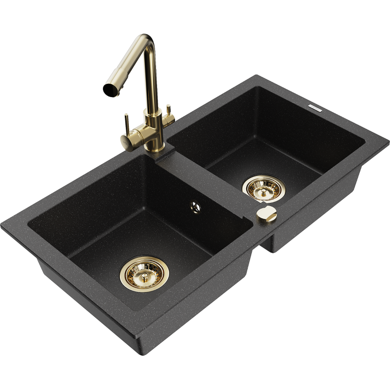 Mexen Mario granite sink 2-bowl with Duero kitchen tap, black/silver metallic - 6504-73-671600-50