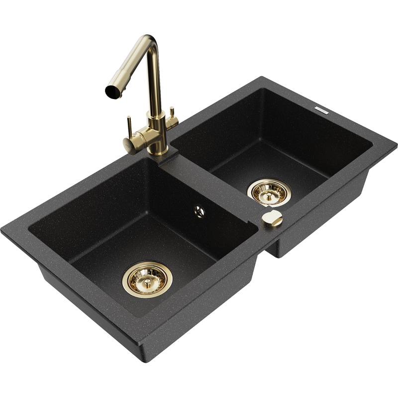 Mexen Mario lavello in granito a 2 vasche con rubinetto da cucina Duero, nero/argento metallico - 6504-73-671600-50