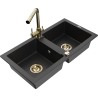 Mexen Mario granite sink 2-bowl with Duero kitchen tap, black/silver metallic - 6504-73-671600-50