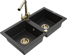 Mexen Mario 2-bowl granite sink with Duero kitchen faucet, black/silver metallic - 6504-73-671600-50