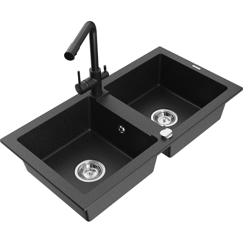 Mexen Mario 2-bowl granite kitchen sink with Duero kitchen tap, black/silver metallic - 6504-73-671600-70