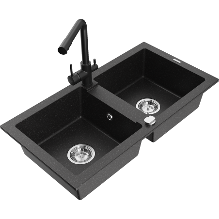 Mexen Mario 2-bowl granite kitchen sink with Duero kitchen tap, black/silver metallic - 6504-73-671600-70