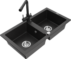 Mexen Mario granite double-bowl sink with Duero kitchen faucet, black/silver metallic - 6504-73-671600-70