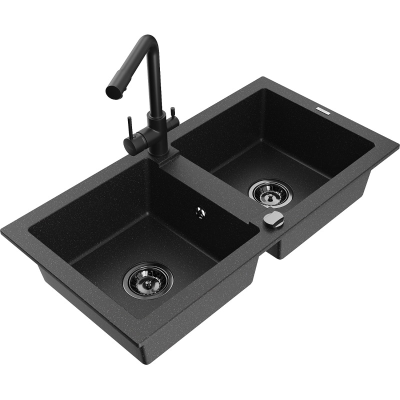 Mexen Mario Granitspüle, 2-beckig mit Küchenarmatur Duero, schwarz/silber metallic - 6504-73-671600-70-B