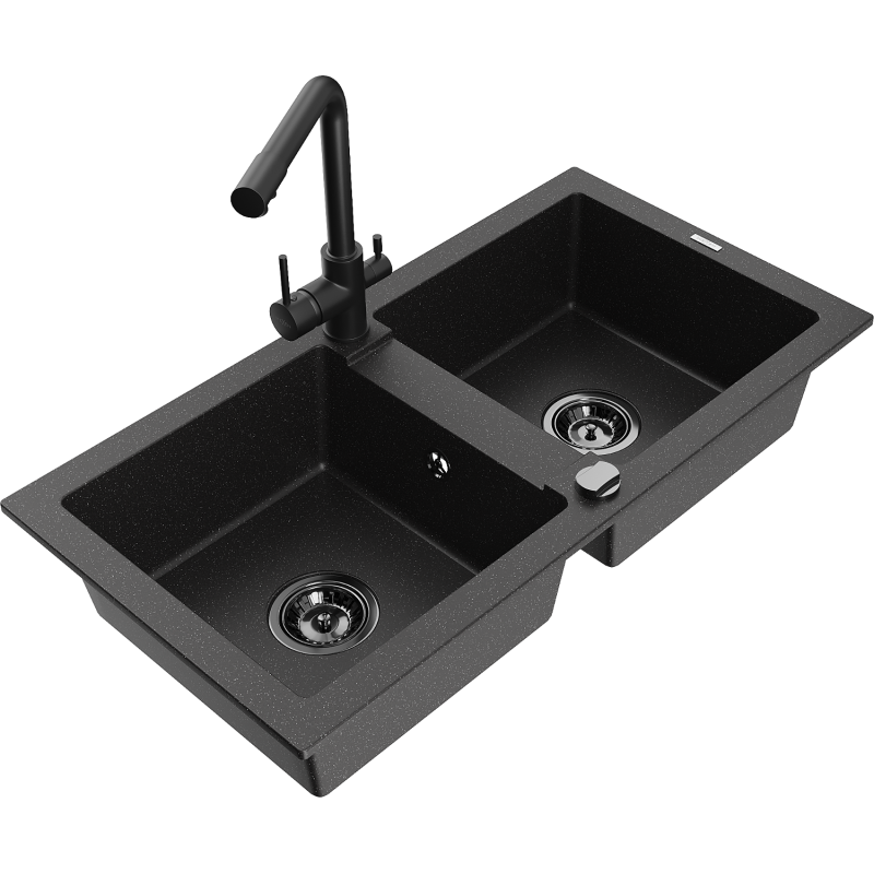 Mexen Mario lavello da cucina in granito a 2 vasche con rubinetto Duero, nero/argento metallico - 6504-73-671600-70-B